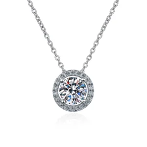 RENSINO Classic Round Moissanite Pendant Necklace 925 Sterling Silver With Plating Fashion Simple Clavicle Chain Bag