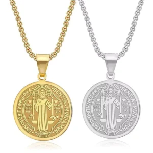 RENSINO Classic Saint Benedict Pendant Trendy Stainless Steel Chain Fashion Chains Necklaces Jewelry 18K Pvd Gold Plated Necklace