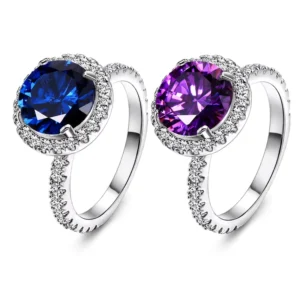 RENSINO Classic Silver Rhodium Rose Gold Plated Ring AAA Purple Blue Cubic Zirconia Jewelry Eternity Wedding Ring Sets for Women