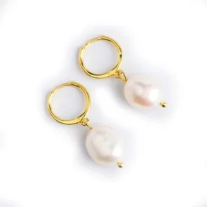 RENSINO Classic Simple Design 925 Sterling Silver Mother Freshwater Pearl Circle Hoop Drop Earrings for Women
