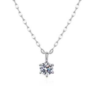 RENSINO Classic Six-claw Moissanite Jewelry 925 Sterling Silver Platinum-plated Diamond Pendant Necklace for Women