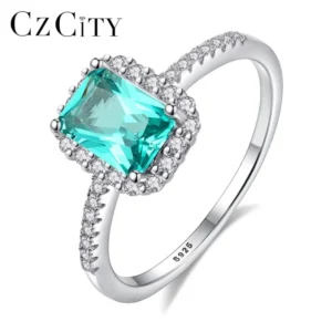 RENSINO Classic Square Green Emerald Gemstone CZ Cubic Zirconia Paved 925 Sterling Silver Wedding Ring