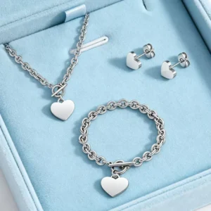RENSINO Classic Stainless Steel Jewelry Sets Fashion Heart Pendant Toggle Clasp O Chain Necklace Bracelet Stud Earrings Set for Women