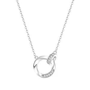 RENSINO Classic Style 999 Sterling Silver Glossy Micro Pave Zircon Double Circle Trendy Pendant Necklace for Women