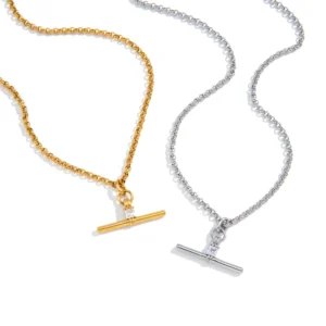 RENSINO Classic T Bar Pendant 18K Gold Stainless Steel Silver Square Cubic Zircon T Bar Cross Chain Necklace