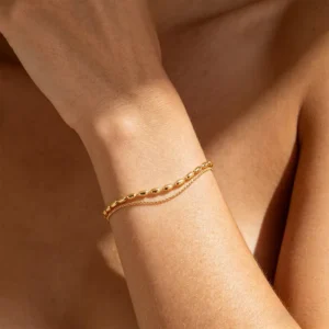 RENSINO Clioro Gold Stainless Steel Double Layer Oval Bead Bracelet Minimalist Stackable Chain Jewelry for Women Daily Accessories