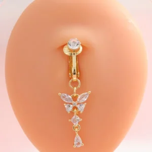 RENSINO Clip Belly Button Ring Butterfly Shape Stainless Steel Zircon Silver Gold Plated Navel Body Jewelry Trendy Gift