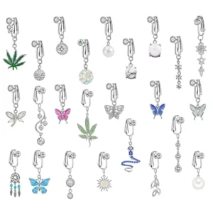 RENSINO Clip on Fake Belly Button Rings Non Piercing CZ Butterfly Dangle Navel Piercing Body Jewelry for Women