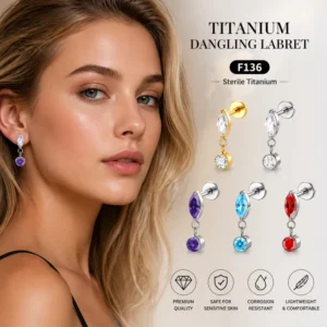 RENSINO Clover ASTM F136 Sterile Titanium Dangling Labret Stud Internally Threaded Flat Back Marquise Round CZ Dangle Piercing Earring