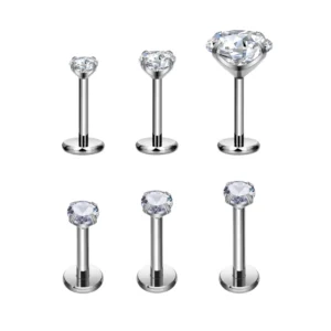 RENSINO Clover Children’s Titanium Classic Push Pin Prong Set Labret Piercing Jewelry CZ Zircon ASTM F136 Threadless Flat Back