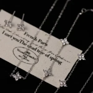 RENSINO Clover Leaf Charm Sterling 925 Silver Sweet Necklace Ring Earring Personalized Jewelry Set Gift Women
