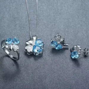 RENSINO Clover Silver Jewelry Set 925 With Blue Topaz CZ Stones