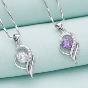 RENSINO Collection Dainty Women Zircon Hearts Shape S925 Sterling Silver Necklace Angel Wing with Heart Necklaces Pendant