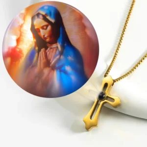 RENSINO Colored Projection Custom Cross Gold Pendant Necklace with the Virgin Mary Jesus Saint Bible Item for Religious Church