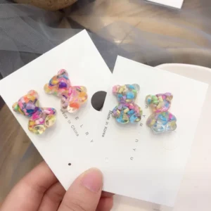 RENSINO Colorful 925 Silver Candy Stainless Steel Jelly Resin Stud Clip on Ear Rings Jewelry Teddy Gummy Bear Earrings for Girls Kids