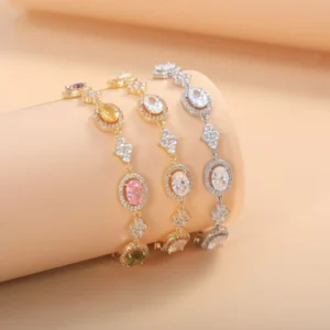RENSINO Colorful Crystal Charm Bracelet Brass Gold Plated Multi color CZ Halo Bracelet Luxury Gemstone Jewelry For Women