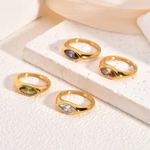 RENSINO Colorful Horse Eye Zircon Inlay Trendy 18K Gold Plated Engagement Signet Ring Titanium Steel Wedding Gift Party