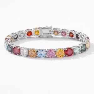 RENSINO Colorful Moissanite Geometric Sterling Silver Bohemian Style Rhodium Plated Women’s Summer Fashion Light Luxury Simple Bracelet