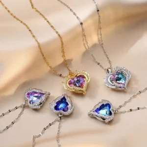 RENSINO Colorful Ocean Heart Pendant Women’s Gold Plated Love Titanium Steel Lock Chain Micro Inlaid Zircon Necklace