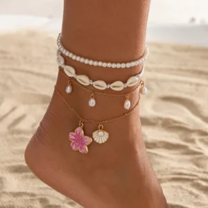 RENSINO Colorful Oil Drip Small Flower Bohemian Gold Plated Imitation Pearl Anklet Chain Foot Jewelry for Women