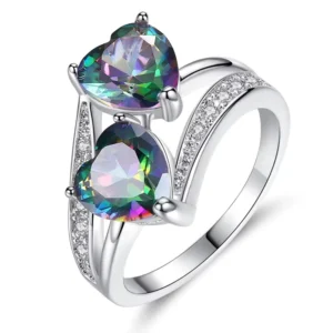 RENSINO Colorful Romantic Crystal Jewelry Gift Women’s Trendy Style Heart Shaped Zirconia Ring Fashion Statement Band Alloy