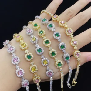 RENSINO Colorful Silver Gold Plated CZ Stone Cubic Zirconia Tennis Square Bracelet Custom Crystal Bracelets for Women Girls Jewelry