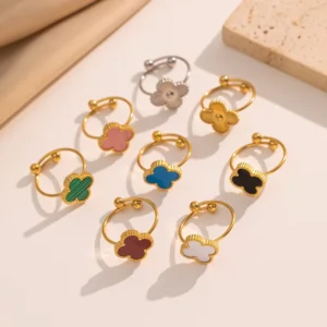 RENSINO Colorful Stainless Steel Rings Five leaf Clover Zircon Niche Finger Ring New Cross Border Women Five Petal Flower