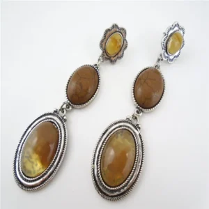 RENSINO Colorful Vintage Geometric Antique Silver Plated Zinc Alloy Brown Resin Beaded Bezel Setting Drop Earrings for Women