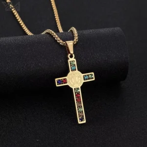 RENSINO Colorful Zircon Inlaid Religious Protection Amulet Jewelry 18K Gold Silver Plated Saint Benedict Cross Pendant Necklace