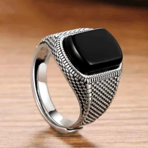 RENSINO Cool Fashion Natural Agate Stone Ring Jewelry Silver Black 925 Sterling Silver Turkish Vintage Rings