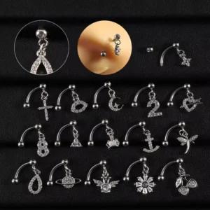 RENSINO Copper Alloy Zircon Pendant Eyebrow Ring 16G Bending Bar Planet Flower Stainless Steel Body Jewelry for Party or Gift