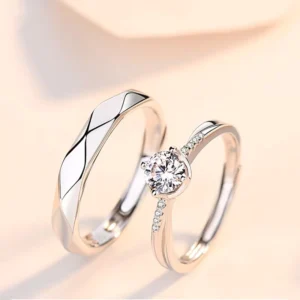 RENSINO Couple’s Ring Simple Fashionable Style for Men and Women Korean Version Crown Zircon Pair Silver Rings Jewelry