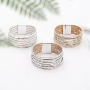 RENSINO Crack PU Leather Bohemian Bracelet Multi-layer Winding Design Magnetic Snap Fastener Silver Plated Unisex