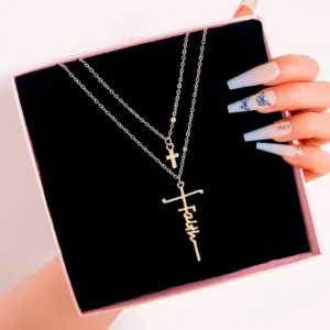 RENSINO Creative Double Cross Faltw Necklace Silver Gold Plated Religious Faith Geometric Necklace Christian Jewelry for Men Women