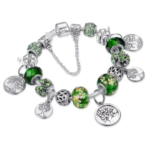 RENSINO Creative Silver Color Tree of Life Pendant Bracelets for Women Fashion Green Crystal Beaded Charm Bracelet Jewelry