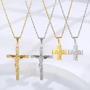 RENSINO Creative Trendy Christian Catholic Religious Gold Plated Stainless Steel Link Chain Jesus Cross Pendant Necklace