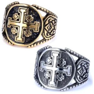 RENSINO Cross Boiled Black Polished Stainless Steel Classic Rhodium Plated Men’s Ring Gift