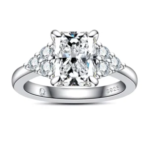 RENSINO Cross Border 925 Sterling Silver Platinum Plated Women’s Ring D Color Radiant Cut Square 3 Carat Claw Setting