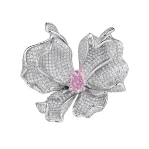 RENSINO Cross Border High End Women’s Elegant Flower Shaped Oval Iron 925 Silver Inlaid Pink Zircon Personalized Brooch Pin
