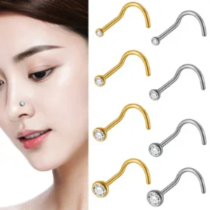RENSINO Cross Border Simple Silver Plated White Zirconium 5 Shaped Curved Rod Nose Ring Trendy Women’s Body Jewelry