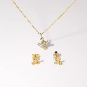 RENSINO Cross Design Moissanite 18K Gold Plated 925 Silver Round Gemstone Certified Trendy Jewelry Set Ladies’ Stud Earrings & Necklace