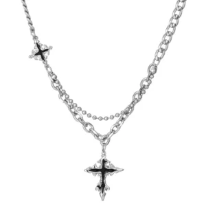 RENSINO Cross Necklace Black Silver Stainless Steel Cross Chain 2 layered Gothic Necklace Hip Hop Splicing Cross Pendant Necklace