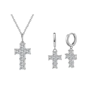 RENSINO Cross Pendant Make for 8A Zirconia with 925 Sterling Silver Necklace Earring Jewelry Set for Women
