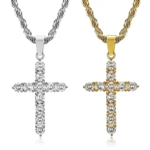 RENSINO Cross Religious Christian Moissanite Hiphop Luxury Stainless Steel Pendant Jewelry Gold Plated Necklaces for Woman Women