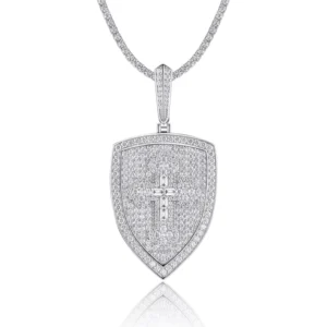 RENSINO Cross Shield Moissanite Pendant Necklace Full Moissanite Pave 925 Sterling Silver 18K Gold Plated Modern Hip Hop Style