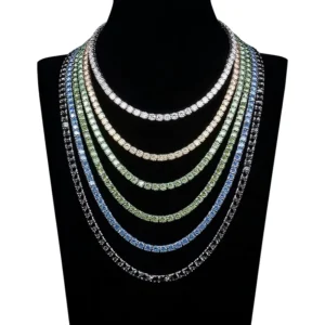 RENSINO Cross-border 5mm Color Moissanite Brilliant Cut Tennis Necklace Sterling Silver 18K Gold Plated Bamboo Chain Unisex Sporty Light