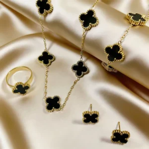 RENSINO Cross border Clover Jewelry Necklace Bracelet Earrings Ring Titanium Steel Four piece Set Natural Stone Lucky