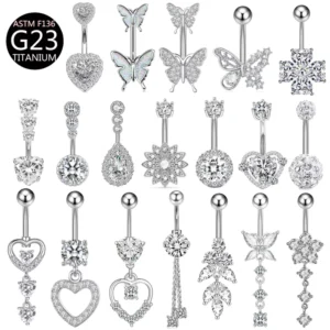 RENSINO Cross border G23 Titanium Alloy Piercing Jewelry Navel Nail Flower Heart Flower Inlaid Zircon Navel Ring F136