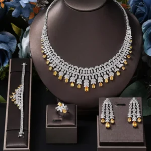 RENSINO Cross border Luxury Fashion Dazzling Full Diamond Cubic Zirconia Large Square Evening Gown Set Necklace Earrings Dr