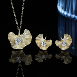 RENSINO Cross border S925 Sterling Silver Electroplated Moissanite Ginkgo Leaf Necklace Earring Set Light Luxury Niche Design Sense